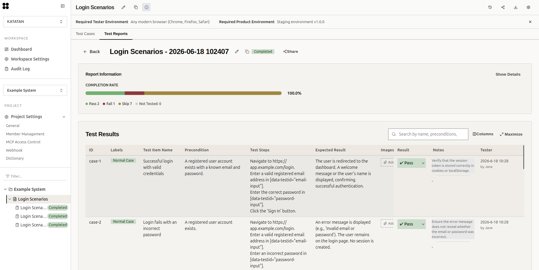 Katatan test report detail view